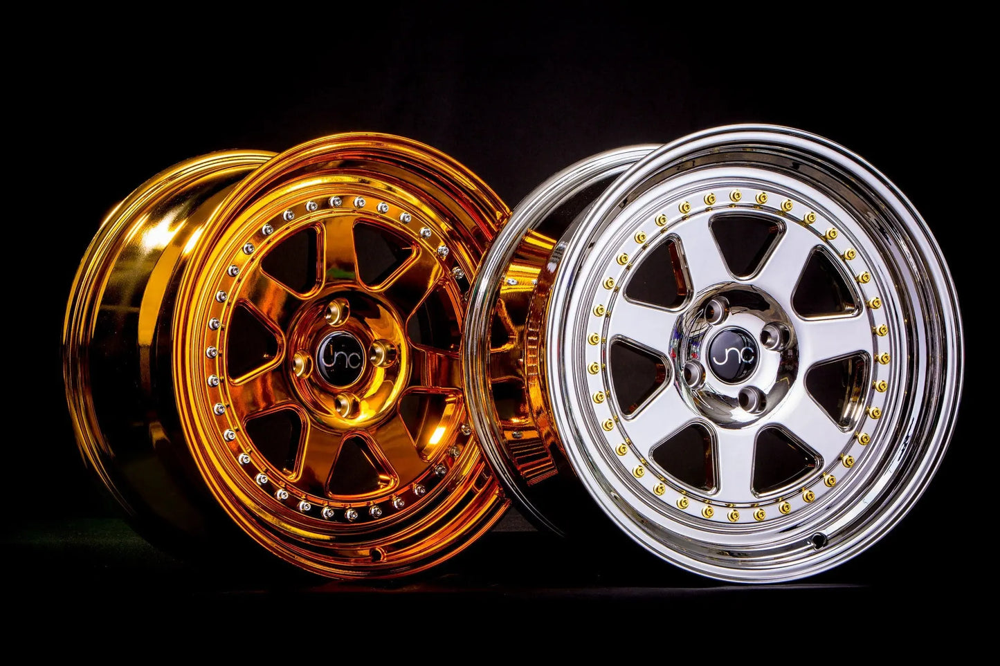 JNC048 SILVER MACHINE FACE GOLD RIVETS JNC Wheels