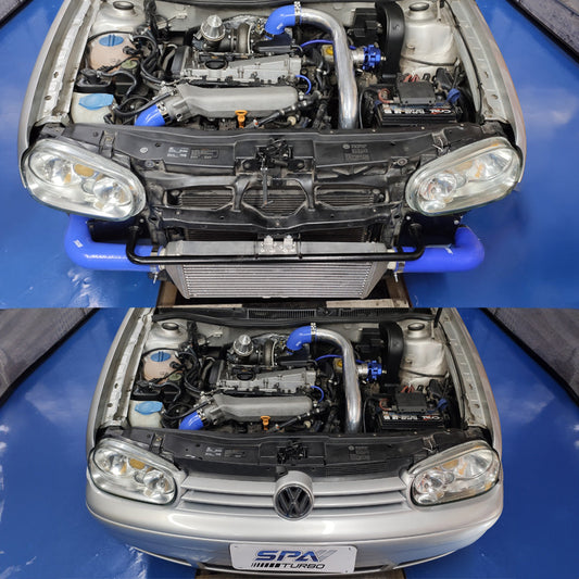 TWIN SCROLL TOP MOUNT TMA16 TURBO KIT + FRONT INTERCOOLER VW 1.8 20V TRANSVERSAL WITHOUT TURBOCHARGER - BLUE HOSE