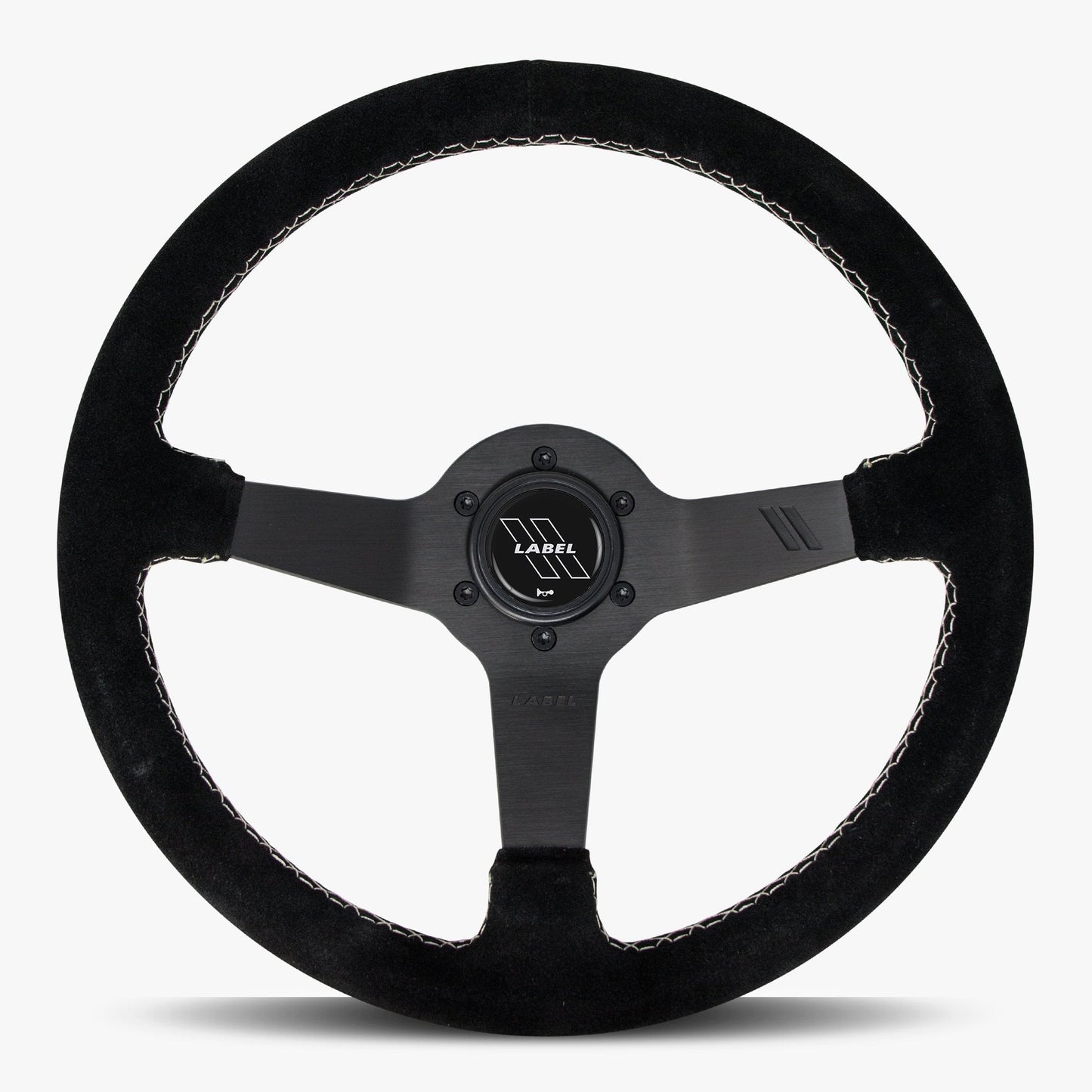 The Classic Black Alcantara Suede Steering Wheel with Black Spoke and White Stitch