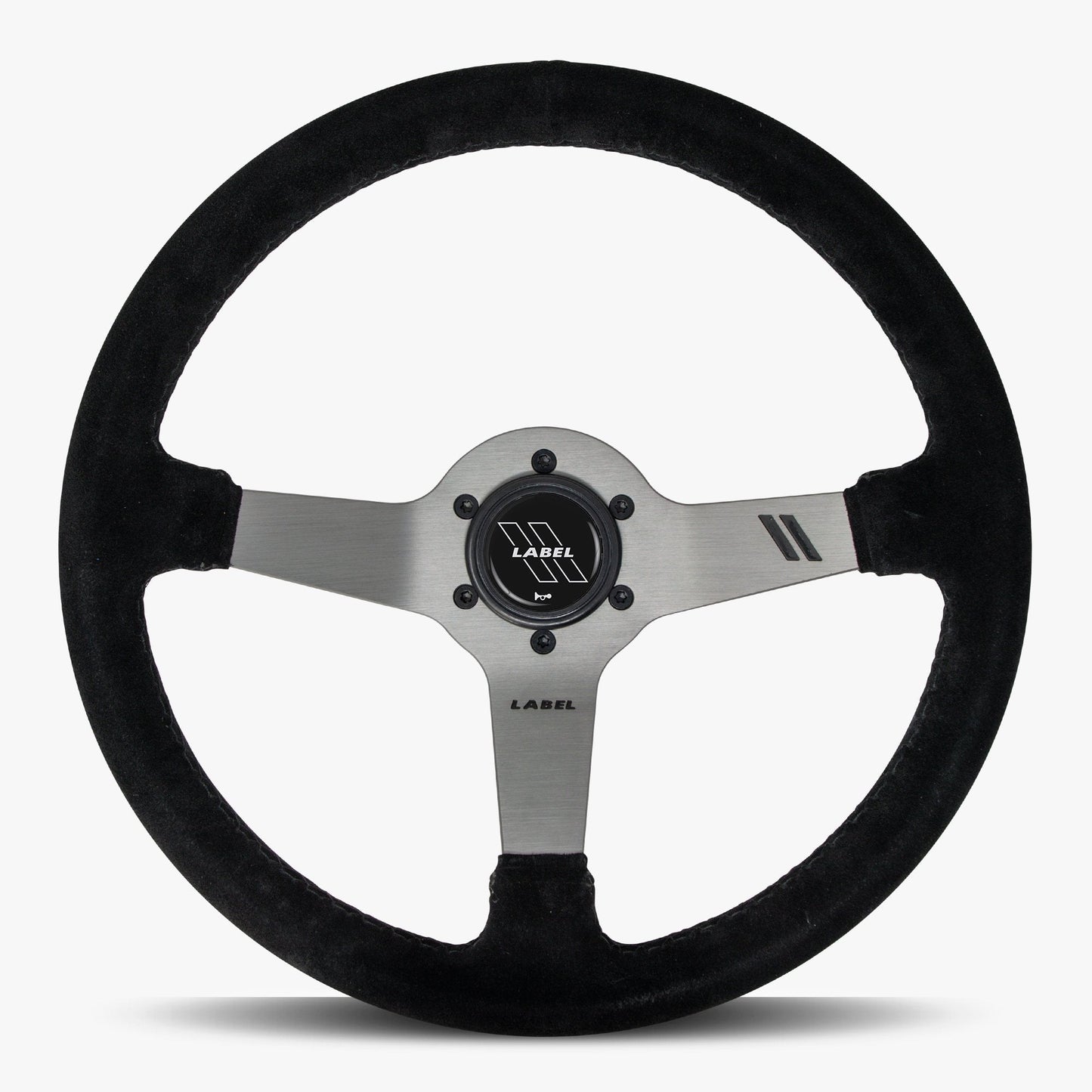 The Classic Black Alcantara Suede Steering Wheel with Graphite Spoke and Black Stitch