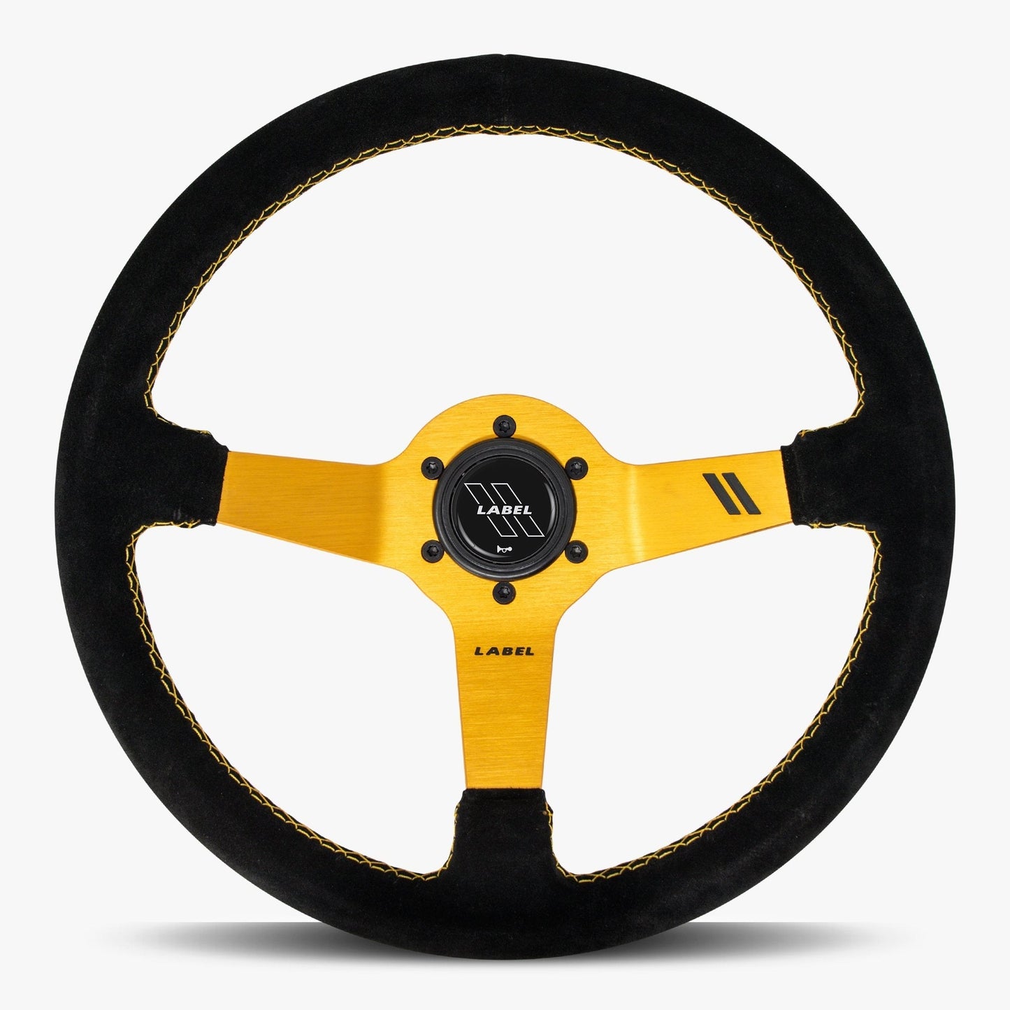 The Classic Black Alcantara Suede Steering Wheel with Gold Spoke and Gold Stitch