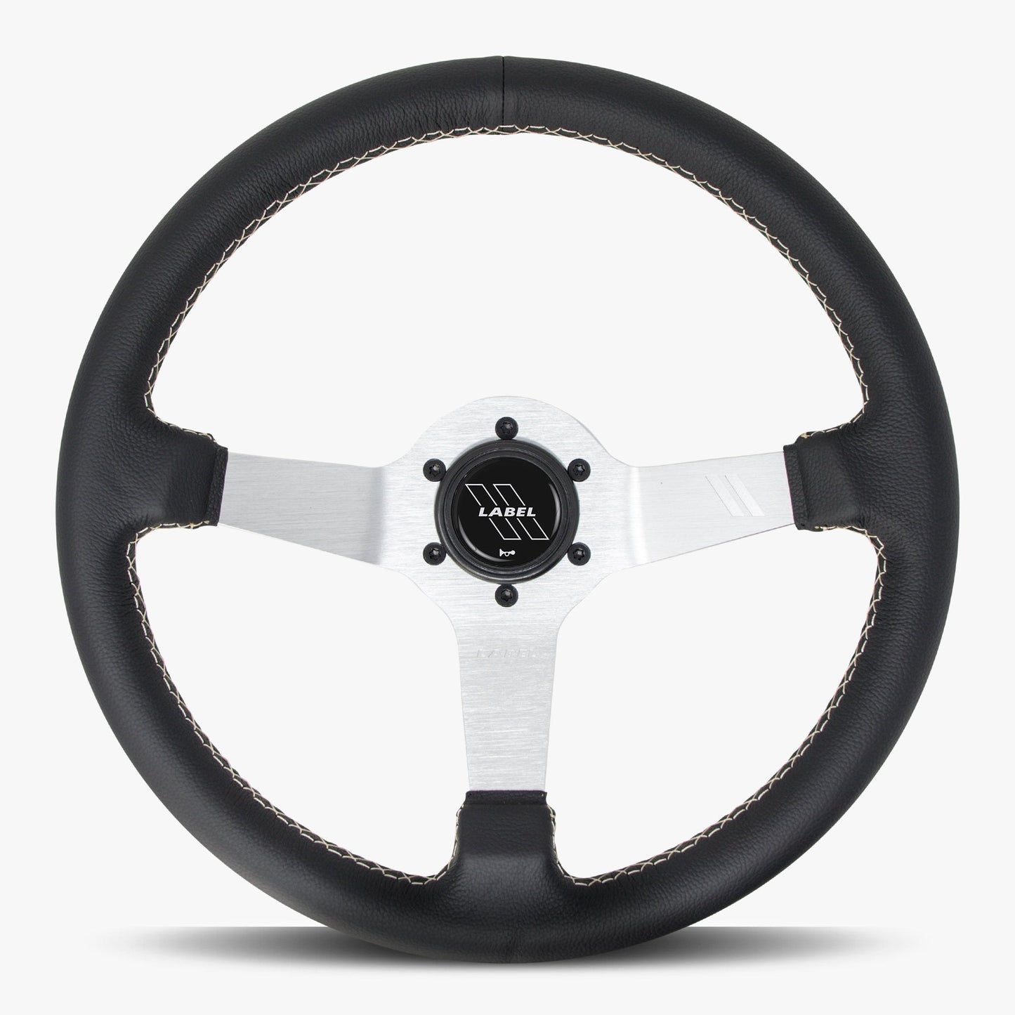 The Classic Black Leather Steering Wheel with Silver Spoke and White Stitch
