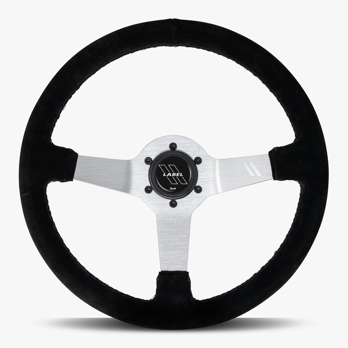 The Classic Black Alcantara Suede Steering Wheel with Silver Spoke and Black Stitch