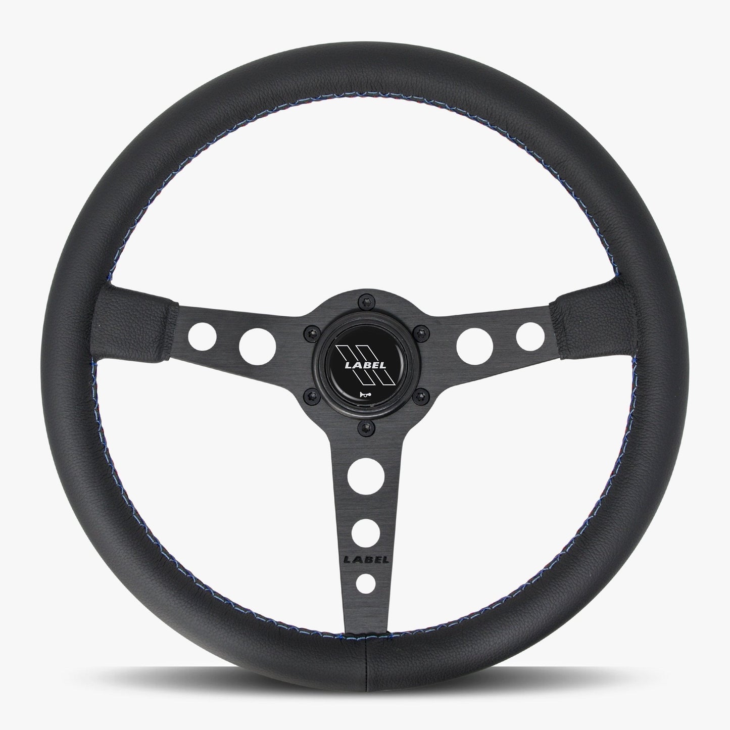 Daytona 350mm Black Leather Steering Wheel with Black Anodized Spoke and Bavarian Stitch
