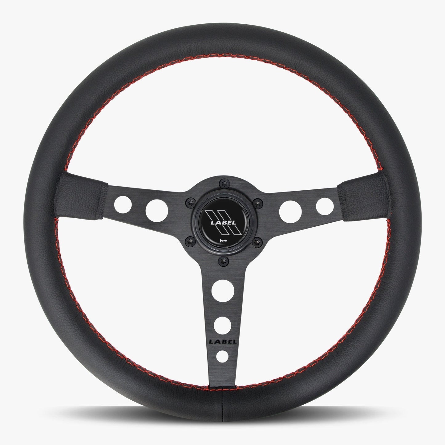 Daytona 350mm Black Leather Steering Wheel with Black Anodized Spoke and Yellow Stitching