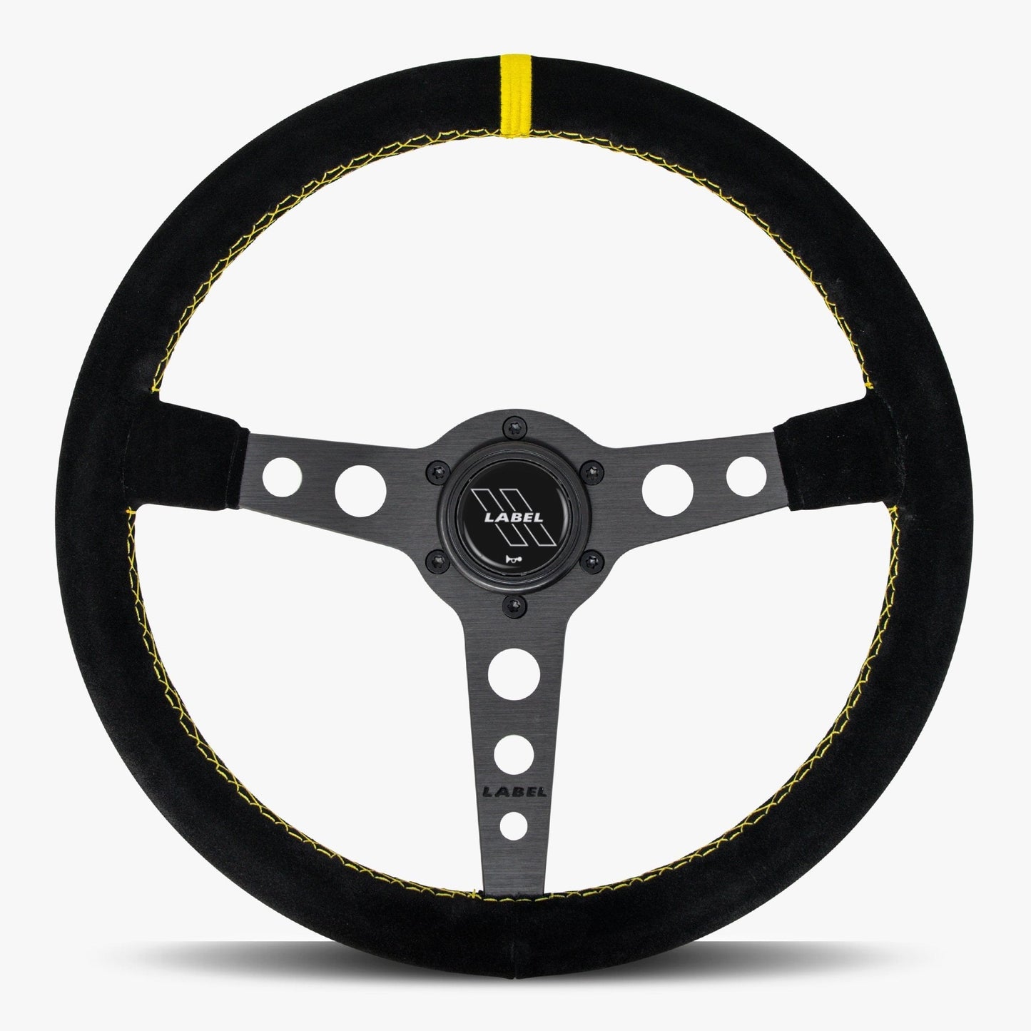 The Daytona Black Alcantara Suede Steering Wheel with Black Spoke and Yellow Stitch