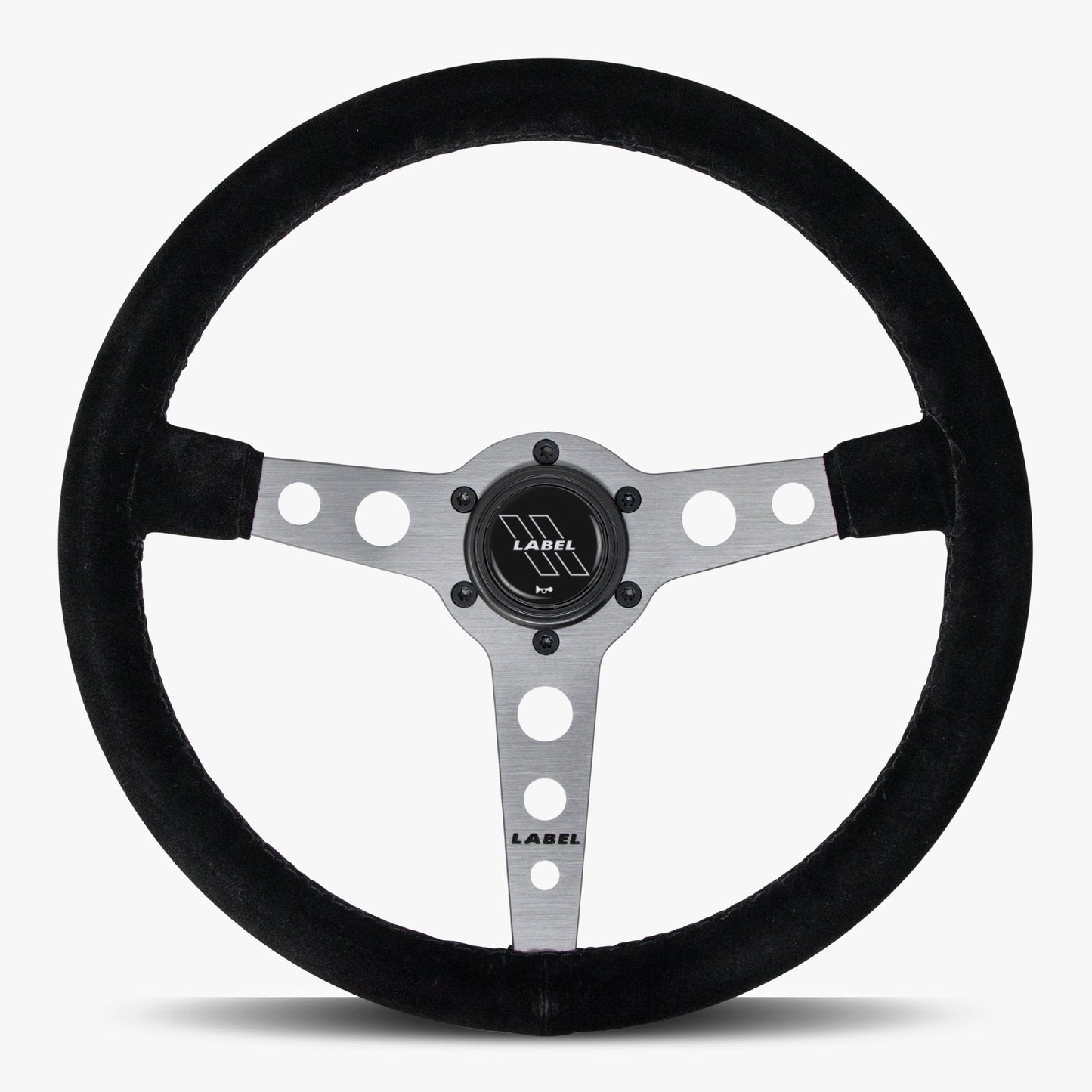 The Daytona Black Alcantara Suede Steering Wheel with Graphite Spoke and Black Stitch