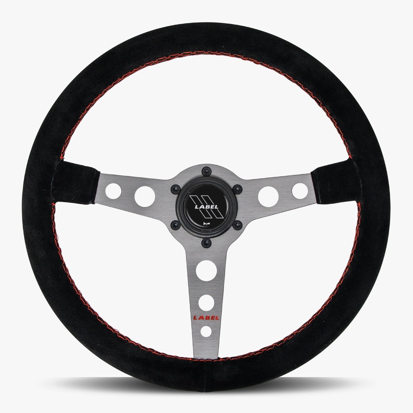 The Daytona Black Alcantara Suede Steering Wheel with Graphite Spoke and Red Stitch