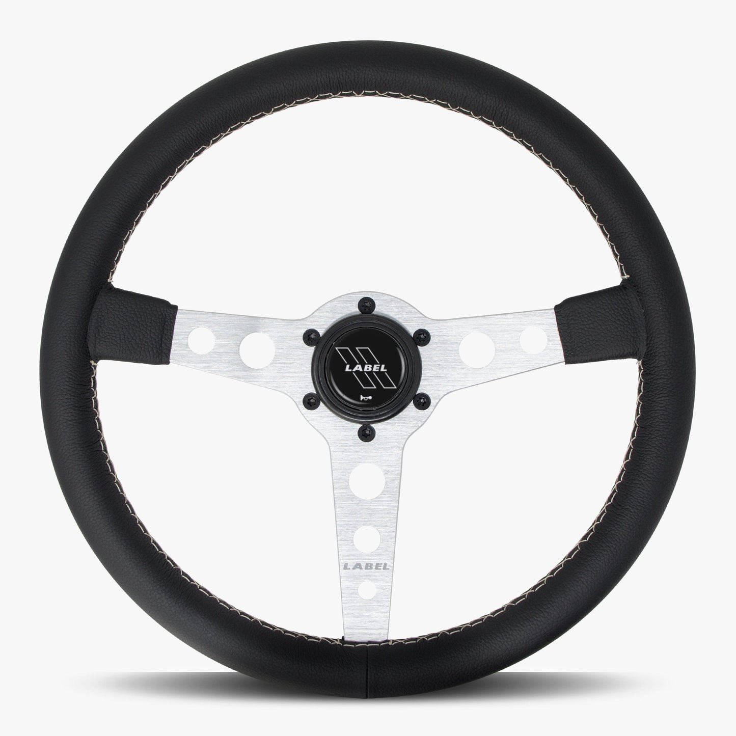 The Daytona Black Leather Steering Wheel with Silver Spoke and White Stitch
