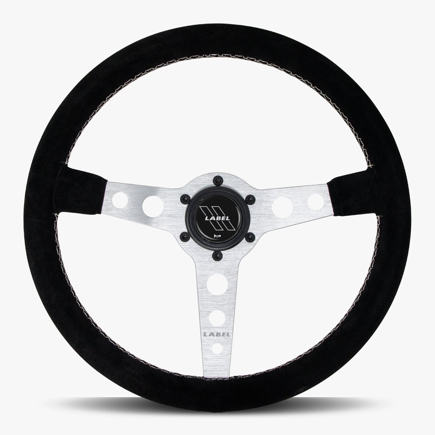 The Daytona Black Alcantara Suede Steering Wheel with Silver Spoke and White Stitch