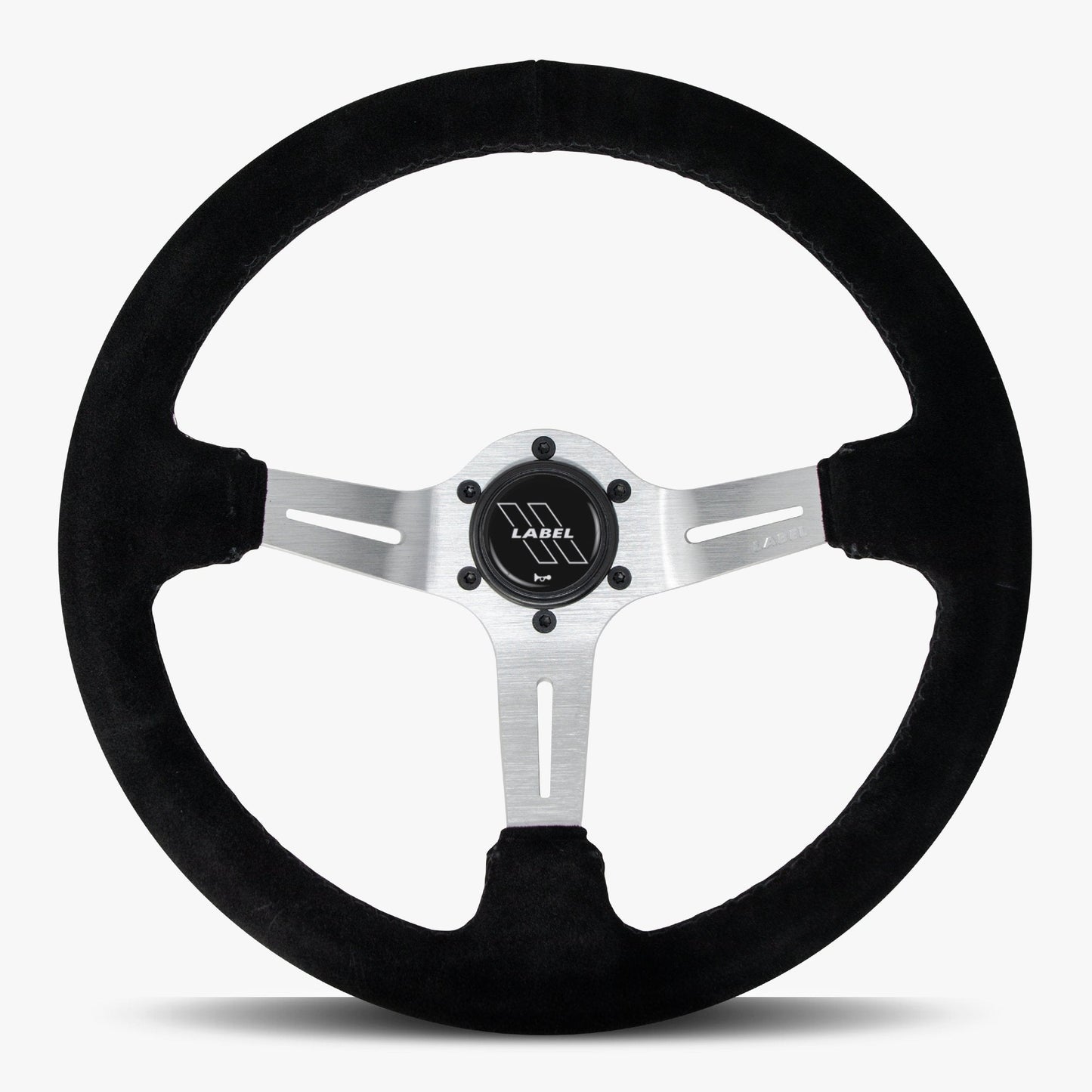 The Le Mans Black Alcantara Suede Steering Wheel with Silver Spoke and Black Stitch