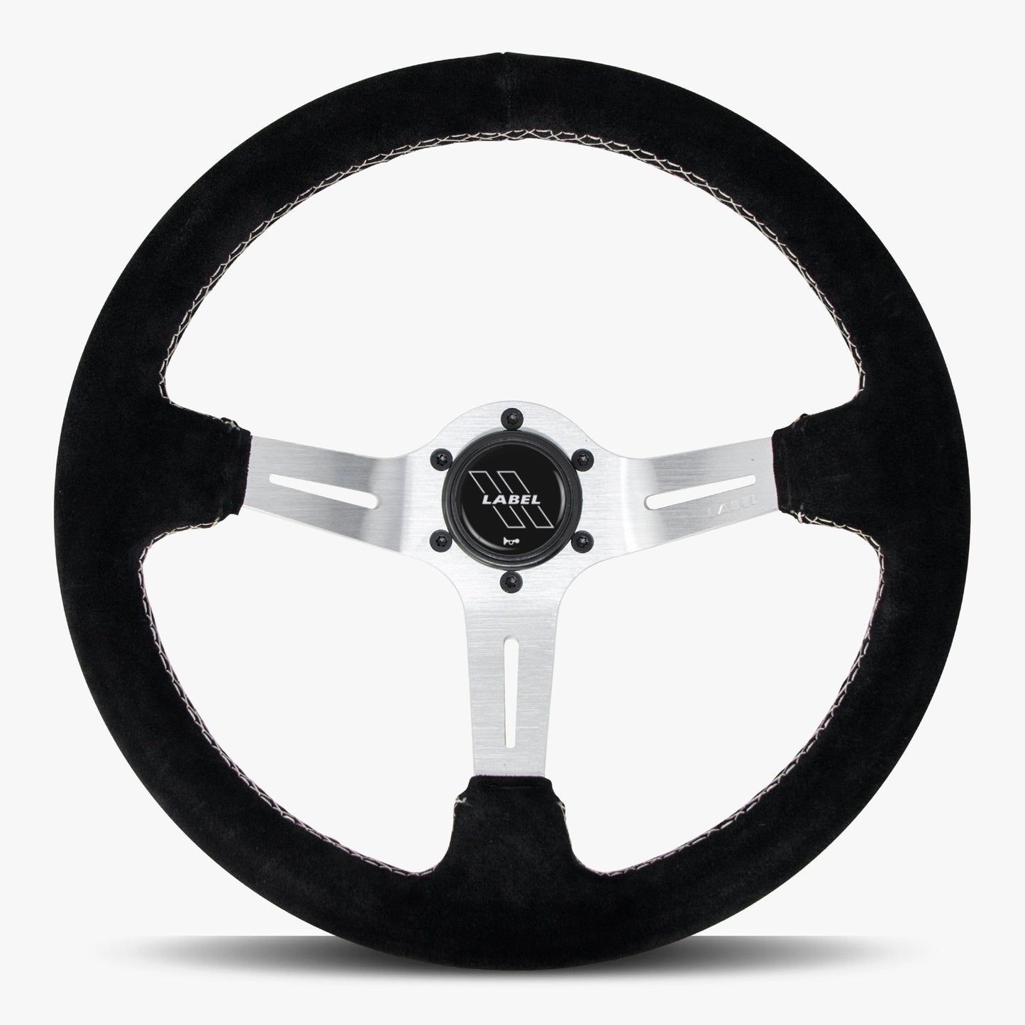 The Le Mans Black Alcantara Suede Steering Wheel with Silver Spoke and White Stitch
