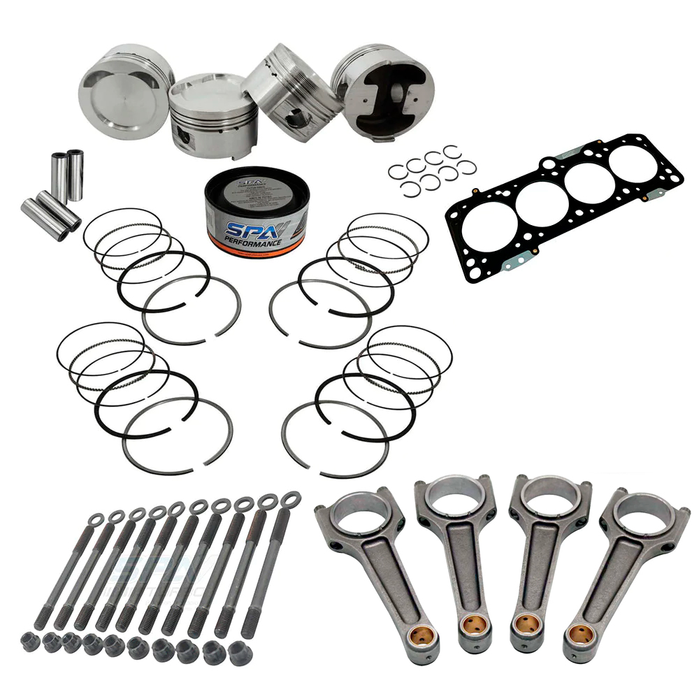 Forged piston and rings set 83.5mm VW 2.0L 16V ABF + VW 159mm x 20mm High Performance Steel Basic Connecting Rod set 3/8" bolt (1000hp) + Decompression Head Gasket Spacer - 1.5mm + Head stud set