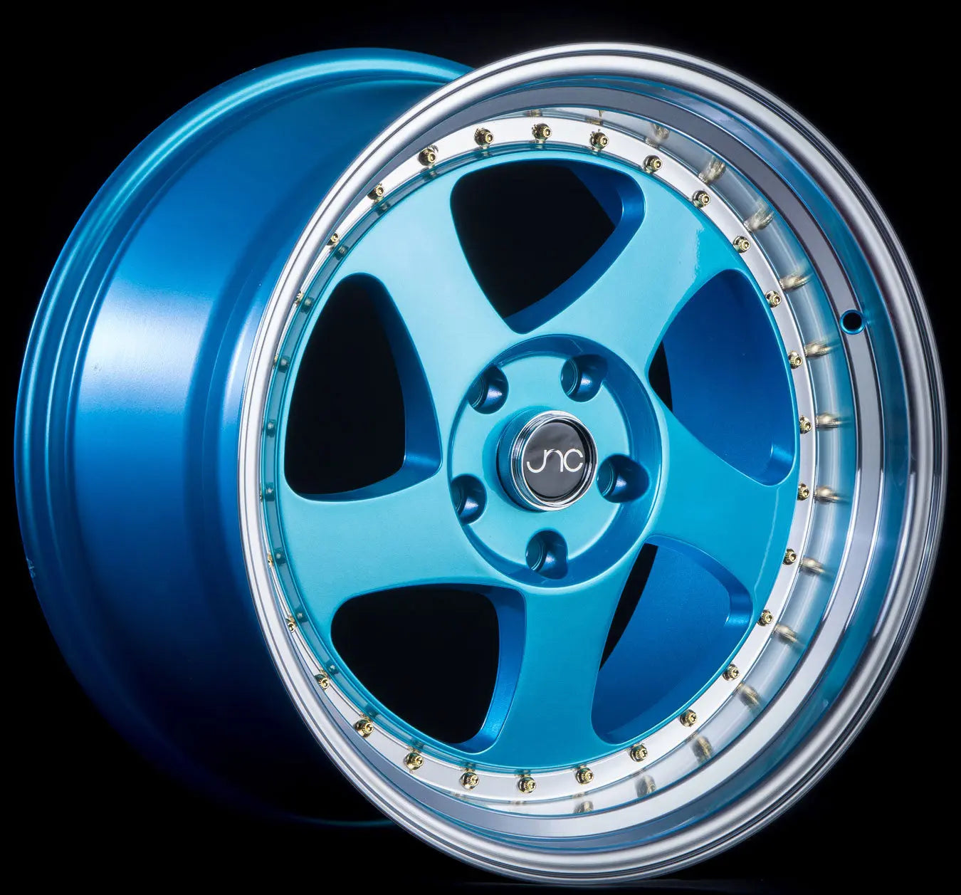 JNC034 Teal Blue Machine Lip Gold Rivets JNC Wheels