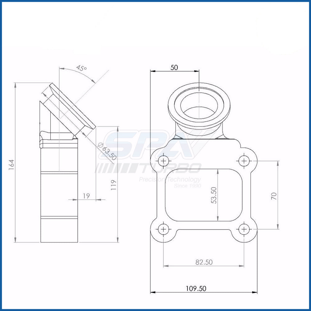T4 manifold 44/45mm v-band Wastegate adapter 45 degree flange
