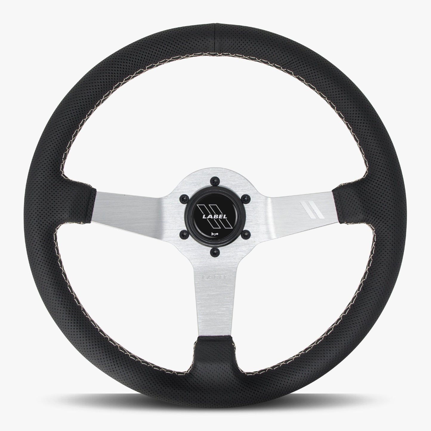 The Classic Black Perforated Leather Steering Wheel with Silver Spoke and White Stitch