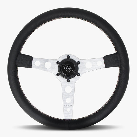 The Daytona Black Leather Steering Wheel with Silver Spoke and White Stitch